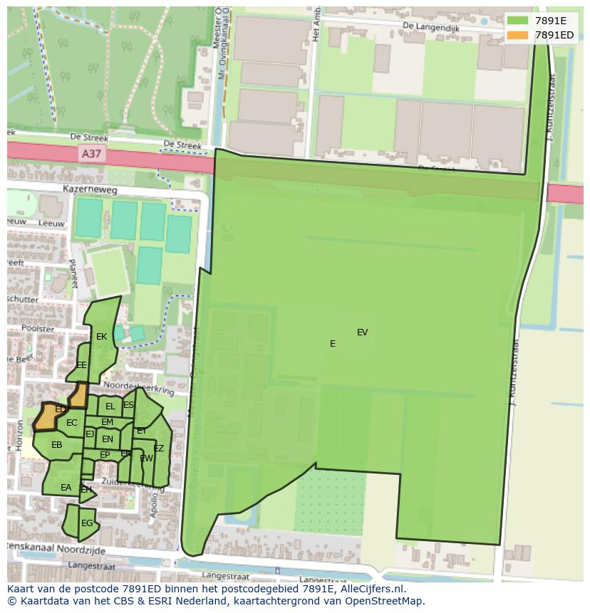 Afbeelding van het postcodegebied 7891 ED op de kaart.