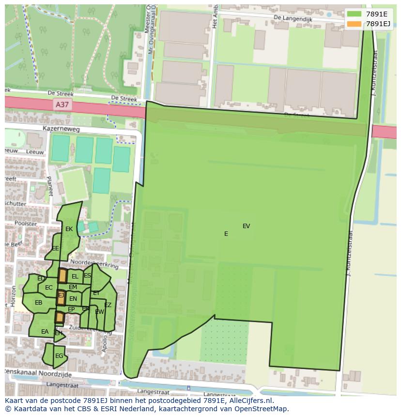 Afbeelding van het postcodegebied 7891 EJ op de kaart.