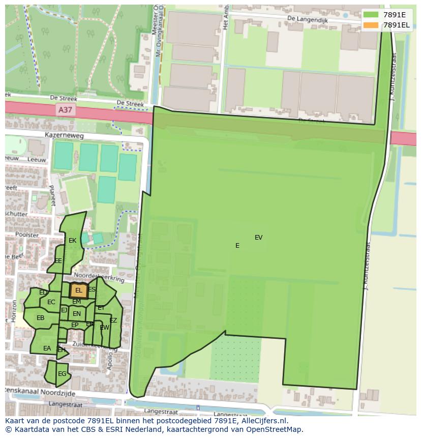 Afbeelding van het postcodegebied 7891 EL op de kaart.