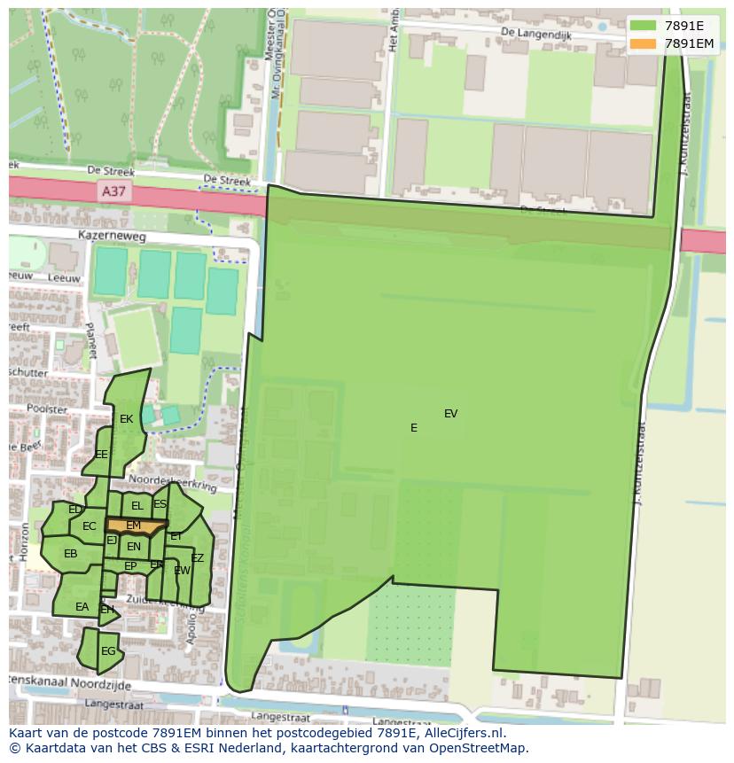 Afbeelding van het postcodegebied 7891 EM op de kaart.