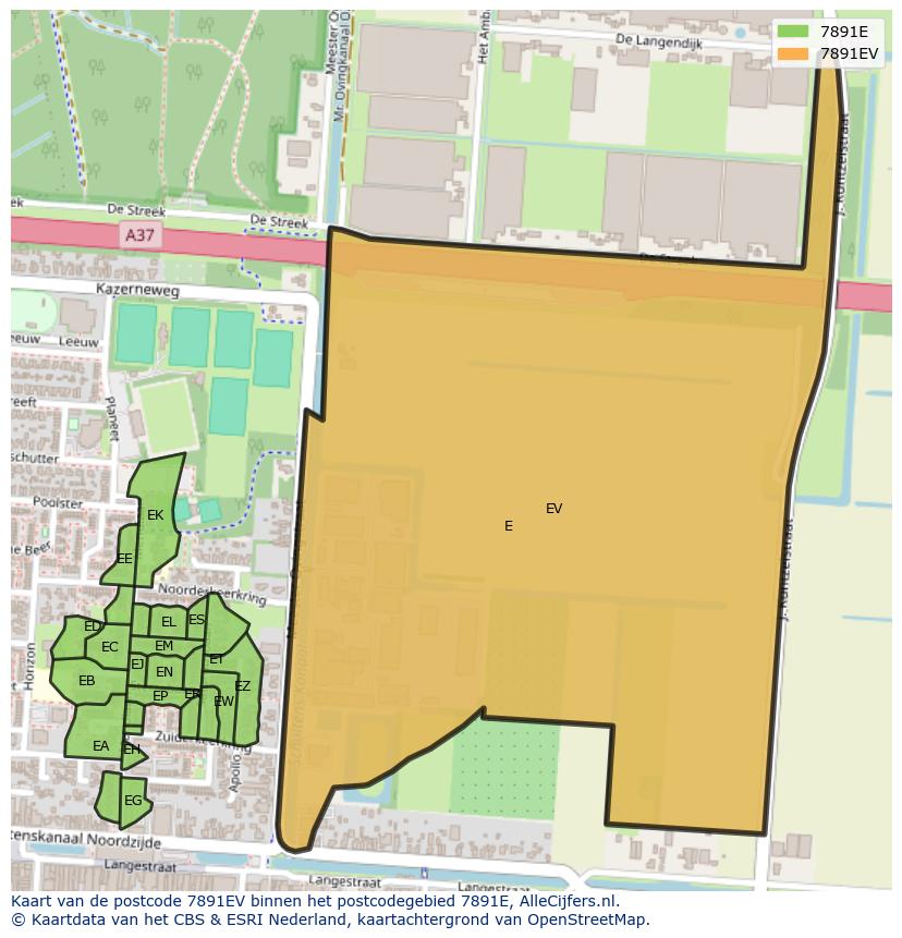 Afbeelding van het postcodegebied 7891 EV op de kaart.