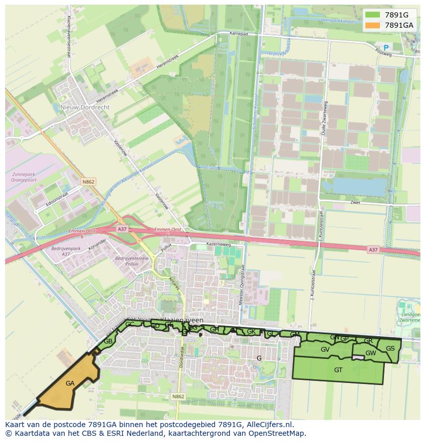 Afbeelding van het postcodegebied 7891 GA op de kaart.