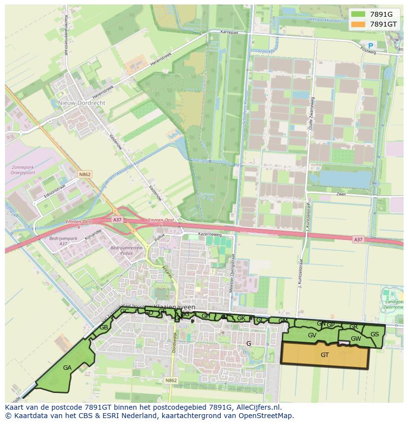 Afbeelding van het postcodegebied 7891 GT op de kaart.