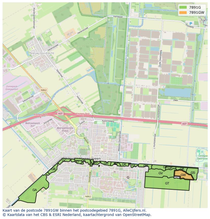Afbeelding van het postcodegebied 7891 GW op de kaart.