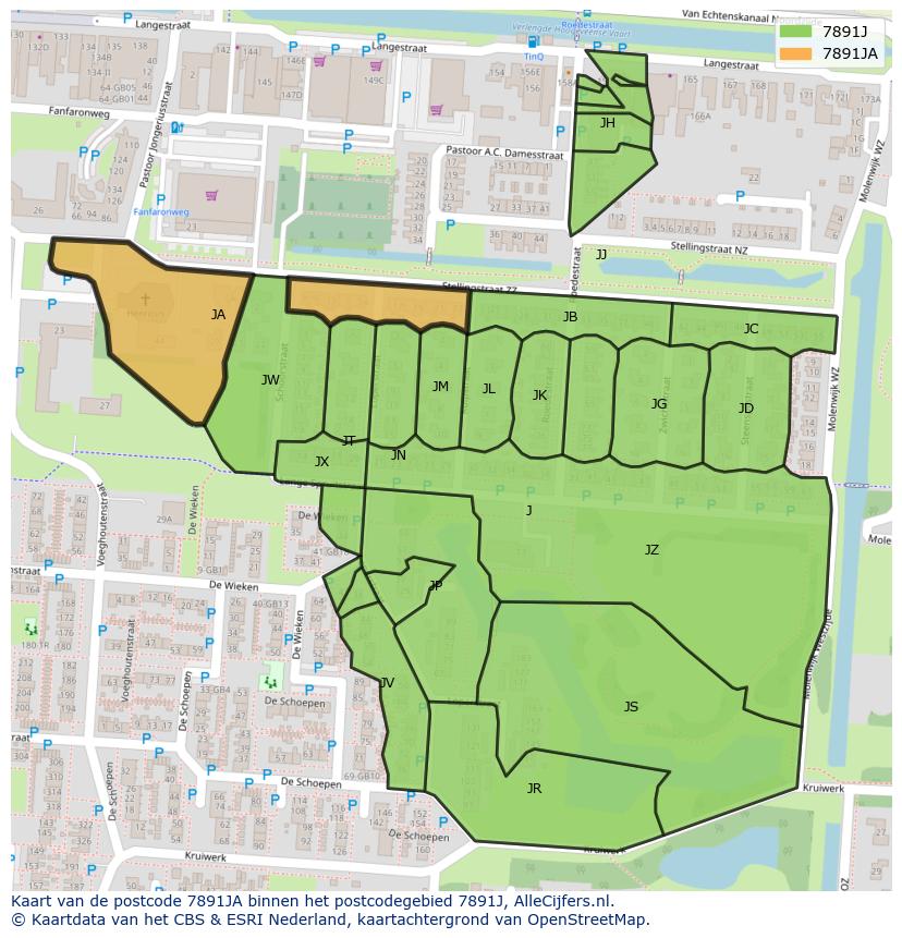 Afbeelding van het postcodegebied 7891 JA op de kaart.