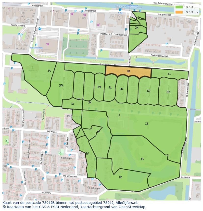 Afbeelding van het postcodegebied 7891 JB op de kaart.