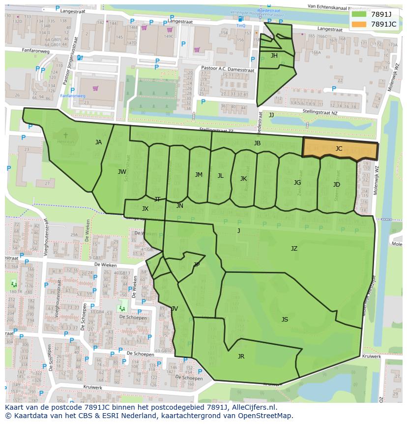 Afbeelding van het postcodegebied 7891 JC op de kaart.