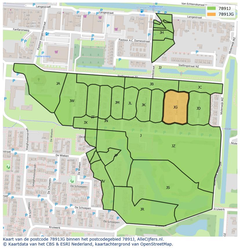 Afbeelding van het postcodegebied 7891 JG op de kaart.