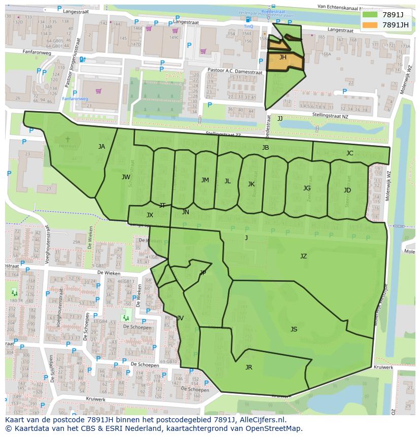 Afbeelding van het postcodegebied 7891 JH op de kaart.