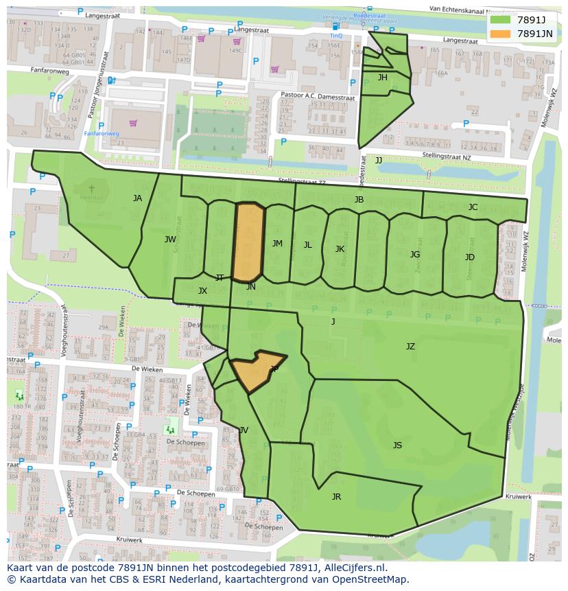 Afbeelding van het postcodegebied 7891 JN op de kaart.