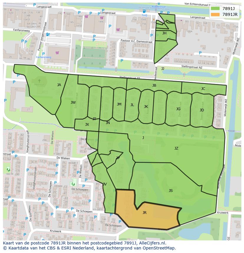 Afbeelding van het postcodegebied 7891 JR op de kaart.