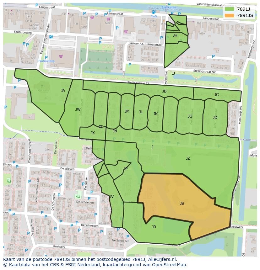 Afbeelding van het postcodegebied 7891 JS op de kaart.