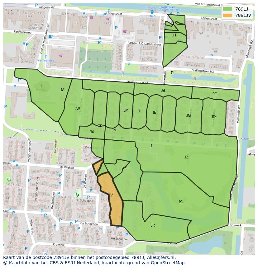 Afbeelding van het postcodegebied 7891 JV op de kaart.