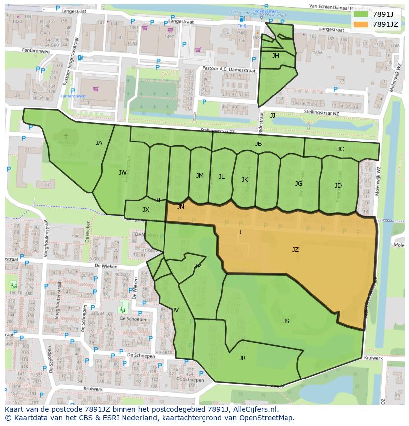 Afbeelding van het postcodegebied 7891 JZ op de kaart.