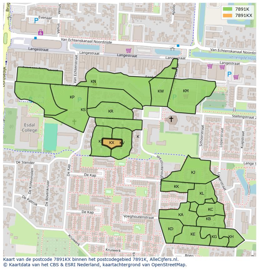 Afbeelding van het postcodegebied 7891 KX op de kaart.