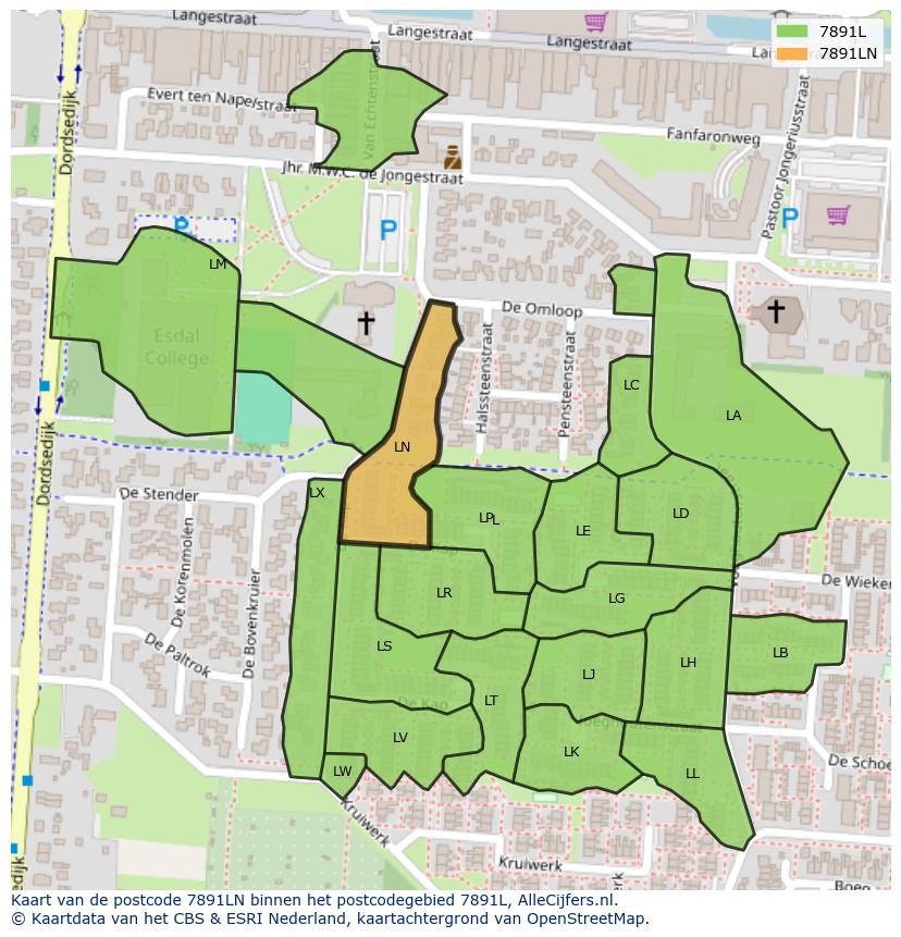 Afbeelding van het postcodegebied 7891 LN op de kaart.