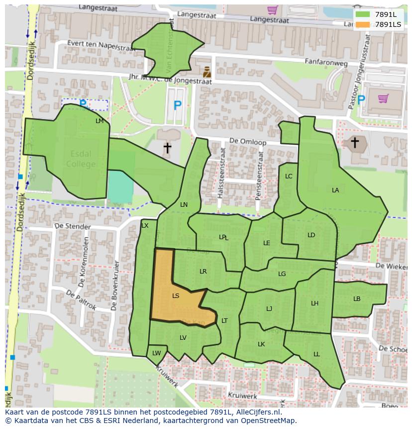 Afbeelding van het postcodegebied 7891 LS op de kaart.