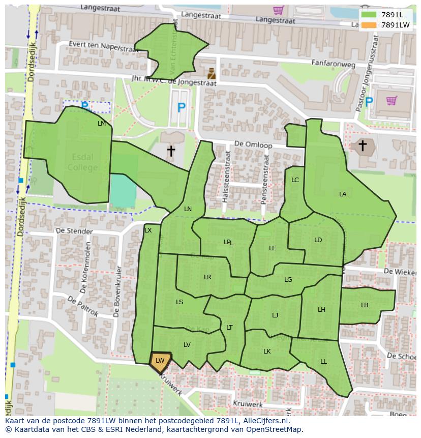Afbeelding van het postcodegebied 7891 LW op de kaart.
