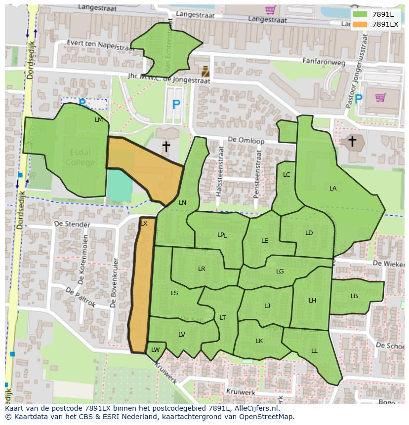 Afbeelding van het postcodegebied 7891 LX op de kaart.