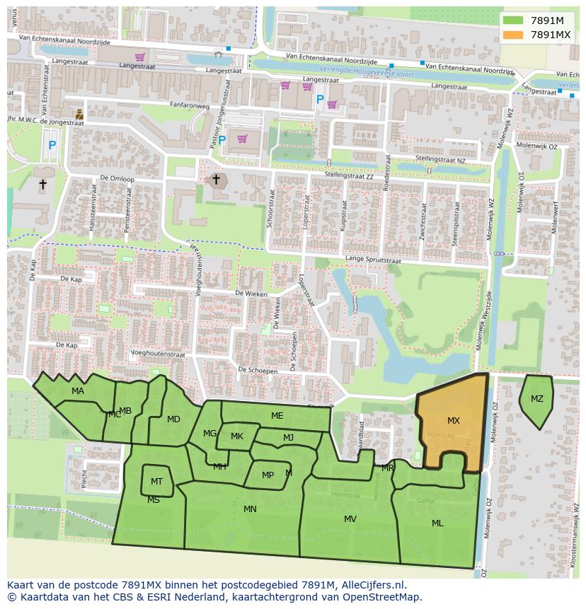 Afbeelding van het postcodegebied 7891 MX op de kaart.