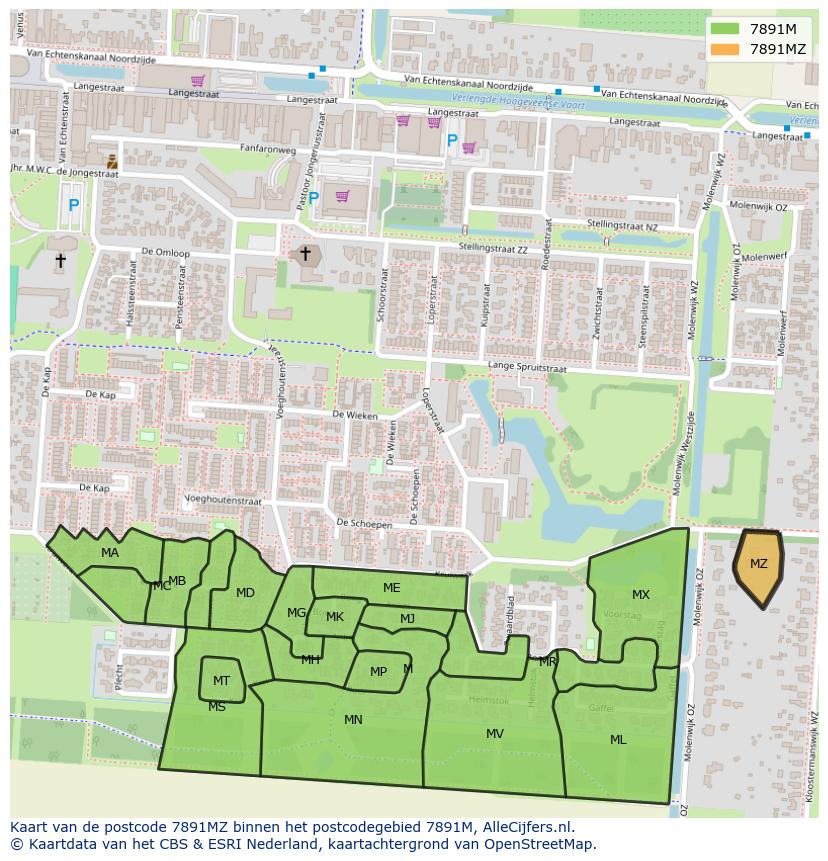 Afbeelding van het postcodegebied 7891 MZ op de kaart.