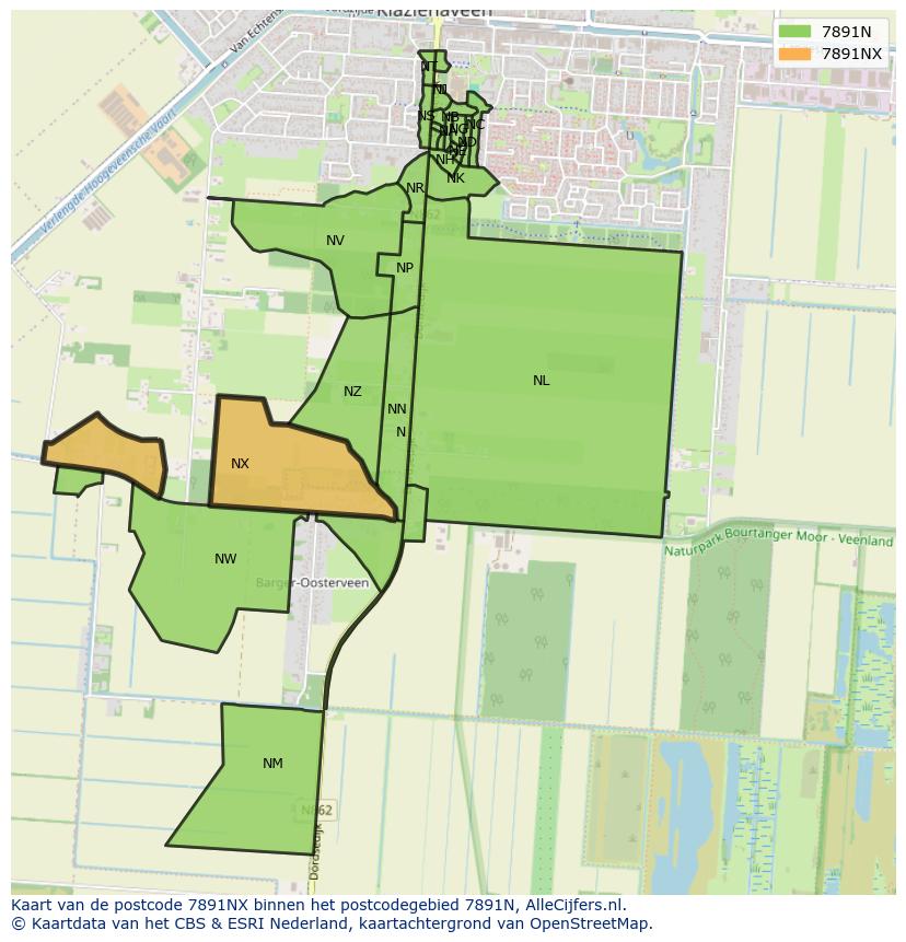 Afbeelding van het postcodegebied 7891 NX op de kaart.