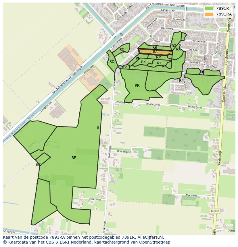 Afbeelding van het postcodegebied 7891 RA op de kaart.
