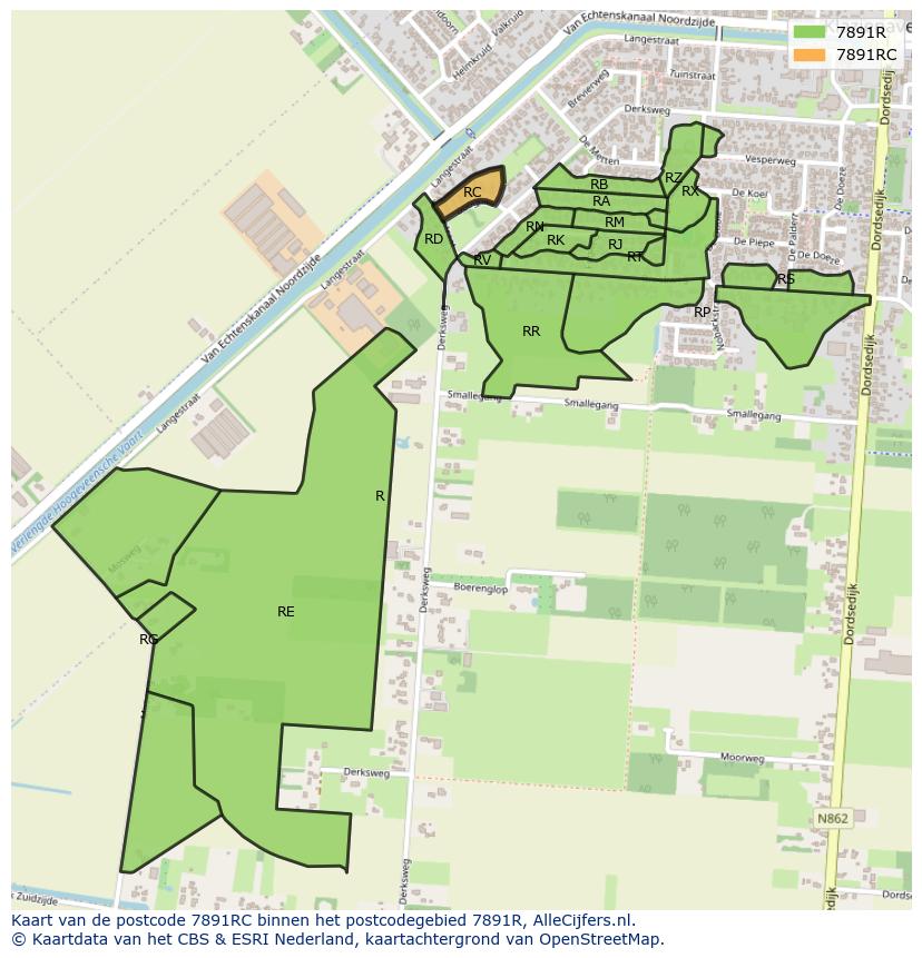 Afbeelding van het postcodegebied 7891 RC op de kaart.