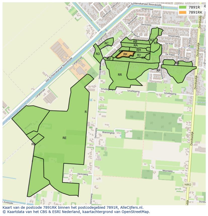 Afbeelding van het postcodegebied 7891 RK op de kaart.