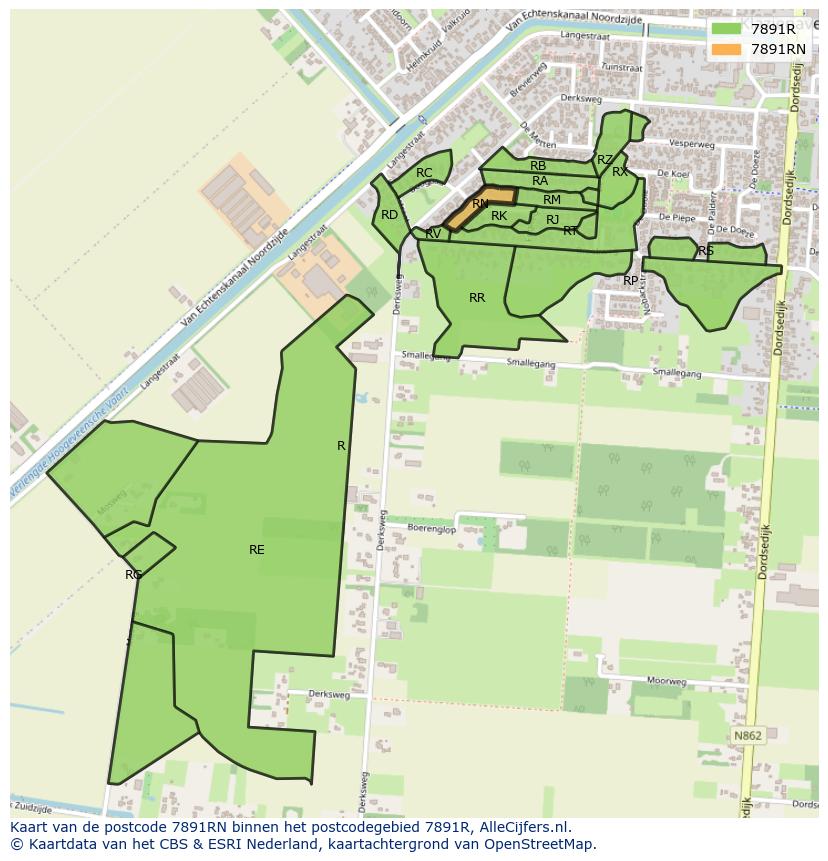 Afbeelding van het postcodegebied 7891 RN op de kaart.