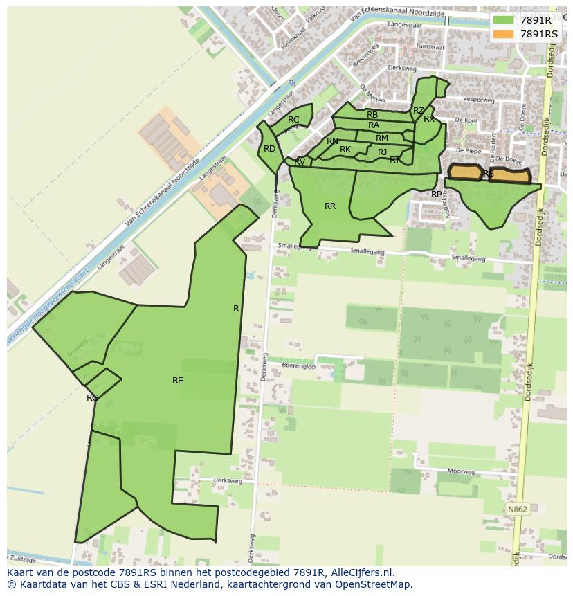 Afbeelding van het postcodegebied 7891 RS op de kaart.