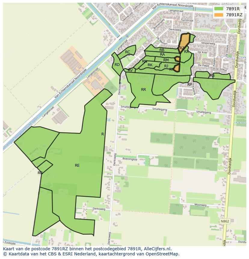 Afbeelding van het postcodegebied 7891 RZ op de kaart.
