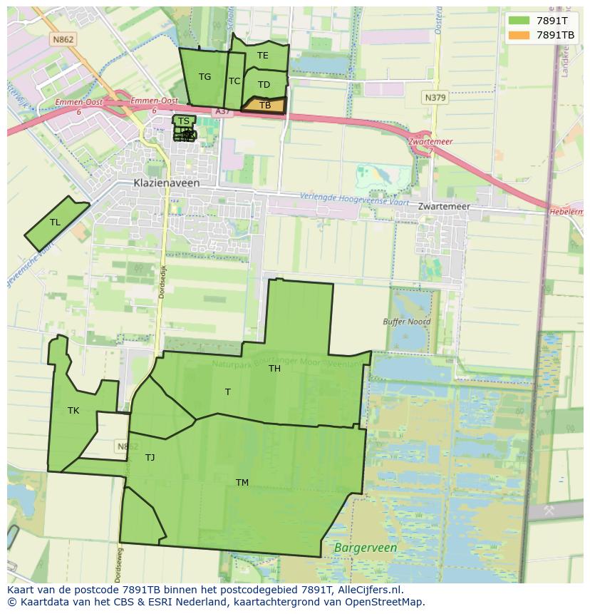Afbeelding van het postcodegebied 7891 TB op de kaart.
