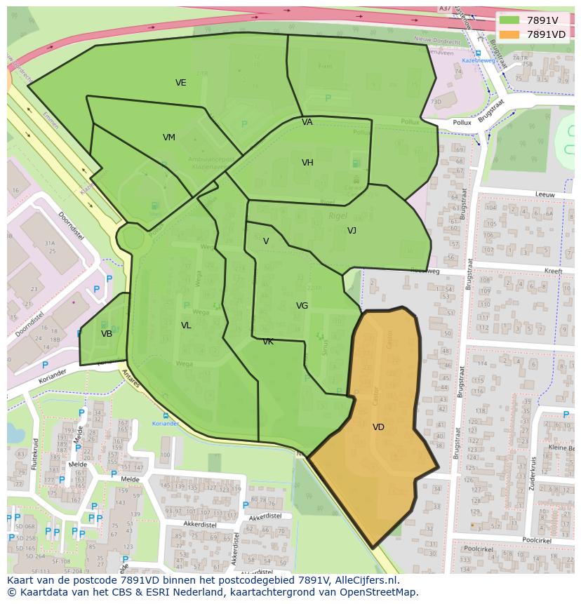 Afbeelding van het postcodegebied 7891 VD op de kaart.
