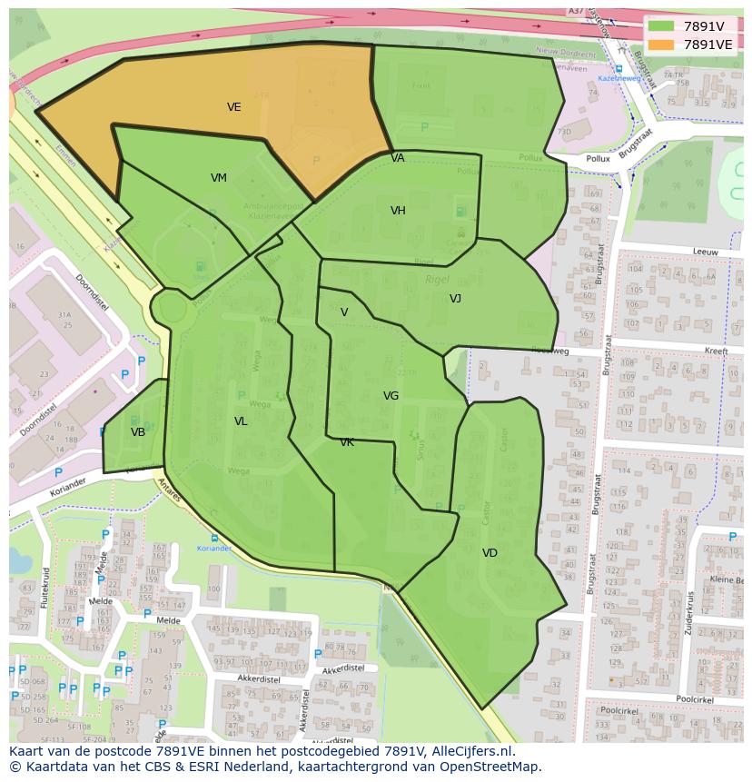 Afbeelding van het postcodegebied 7891 VE op de kaart.