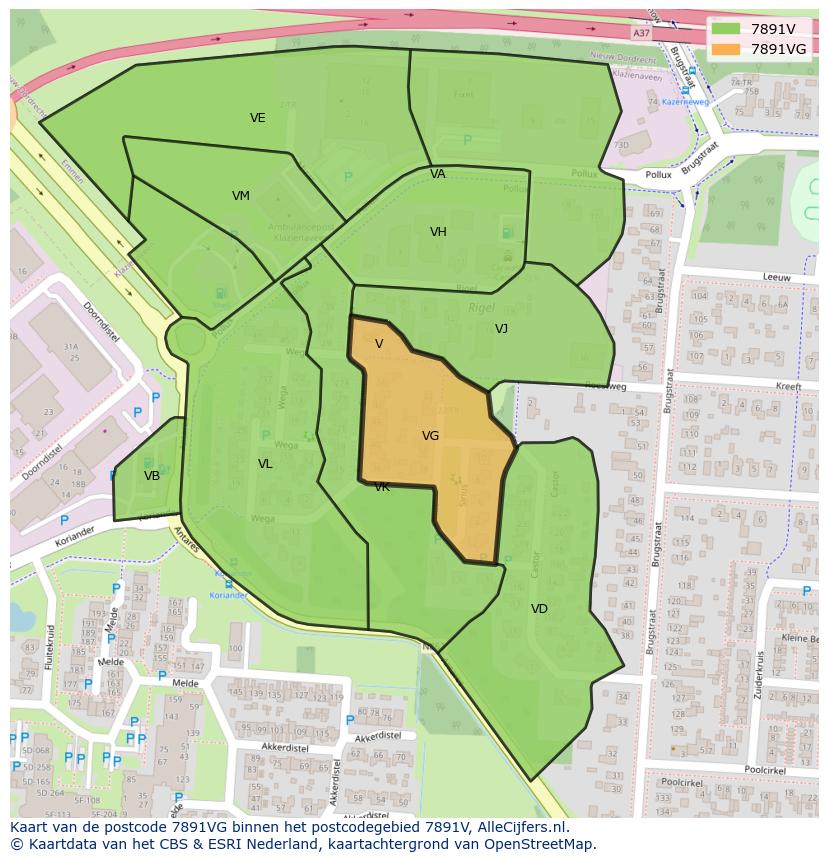 Afbeelding van het postcodegebied 7891 VG op de kaart.