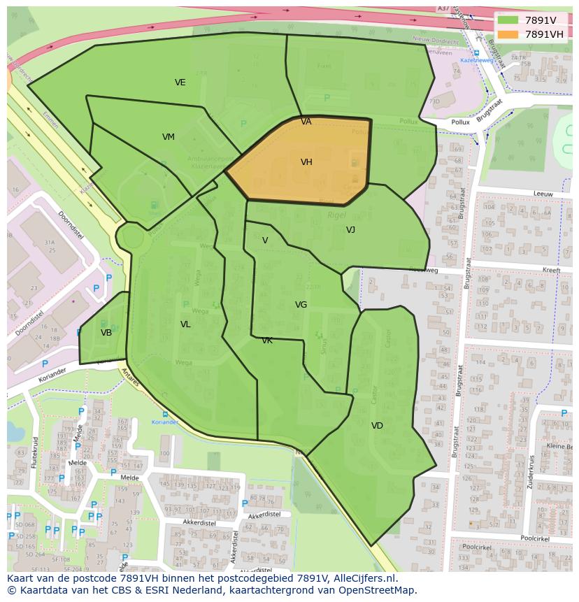 Afbeelding van het postcodegebied 7891 VH op de kaart.