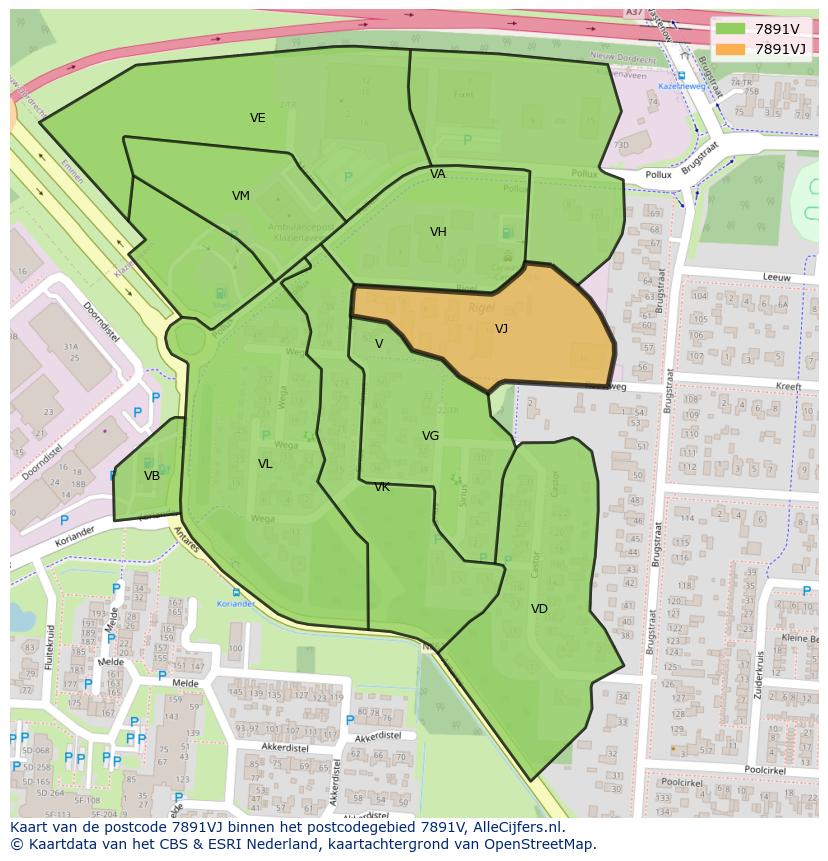 Afbeelding van het postcodegebied 7891 VJ op de kaart.