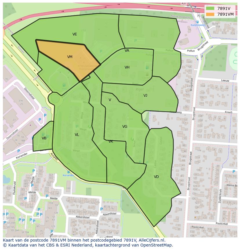 Afbeelding van het postcodegebied 7891 VM op de kaart.