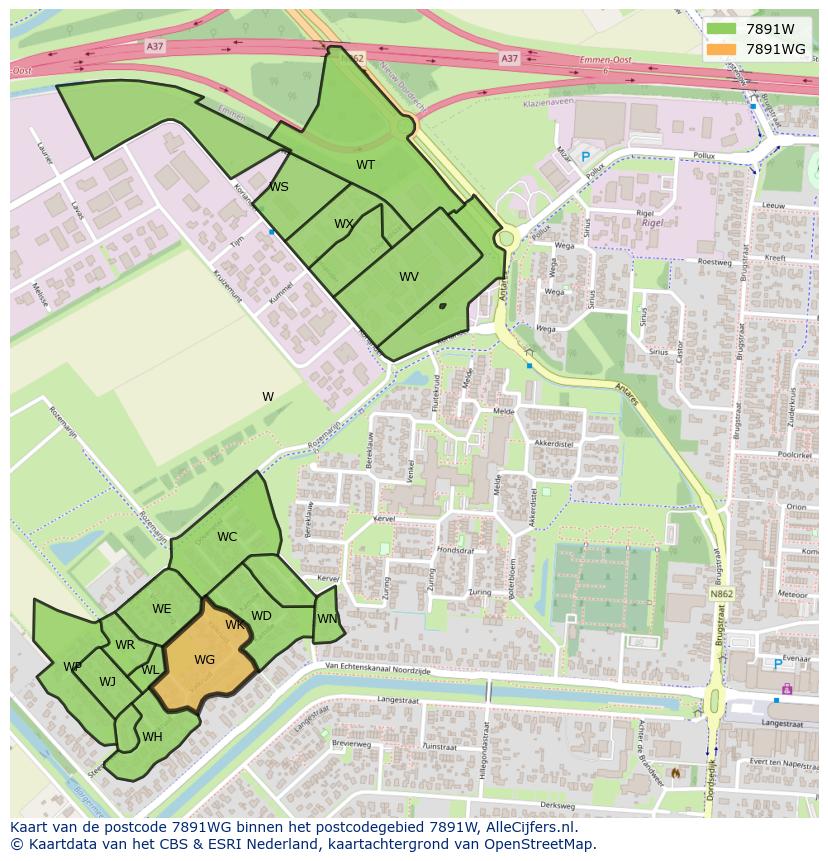 Afbeelding van het postcodegebied 7891 WG op de kaart.