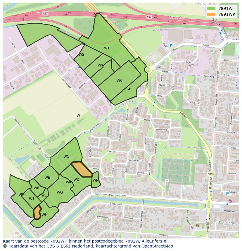 Afbeelding van het postcodegebied 7891 WK op de kaart.