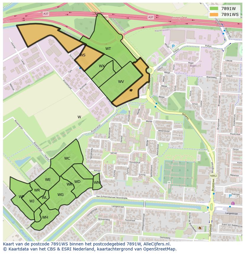 Afbeelding van het postcodegebied 7891 WS op de kaart.