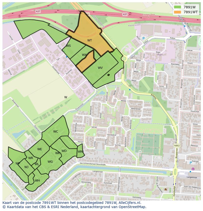 Afbeelding van het postcodegebied 7891 WT op de kaart.