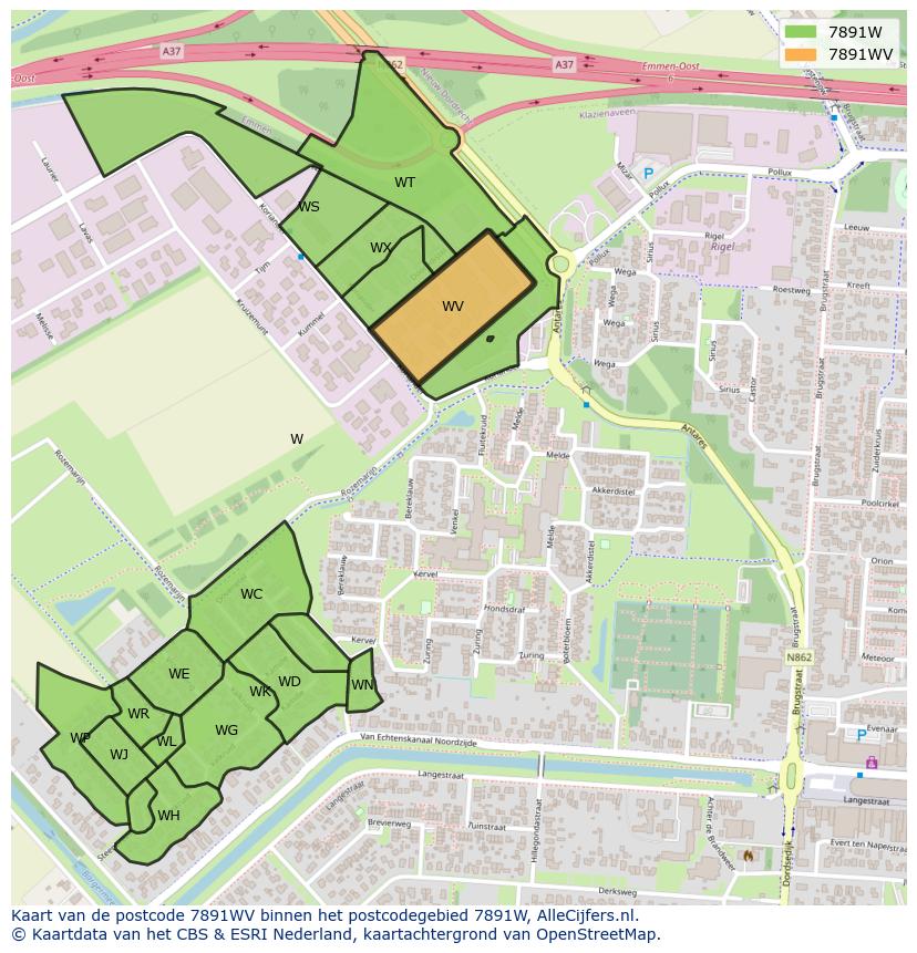Afbeelding van het postcodegebied 7891 WV op de kaart.