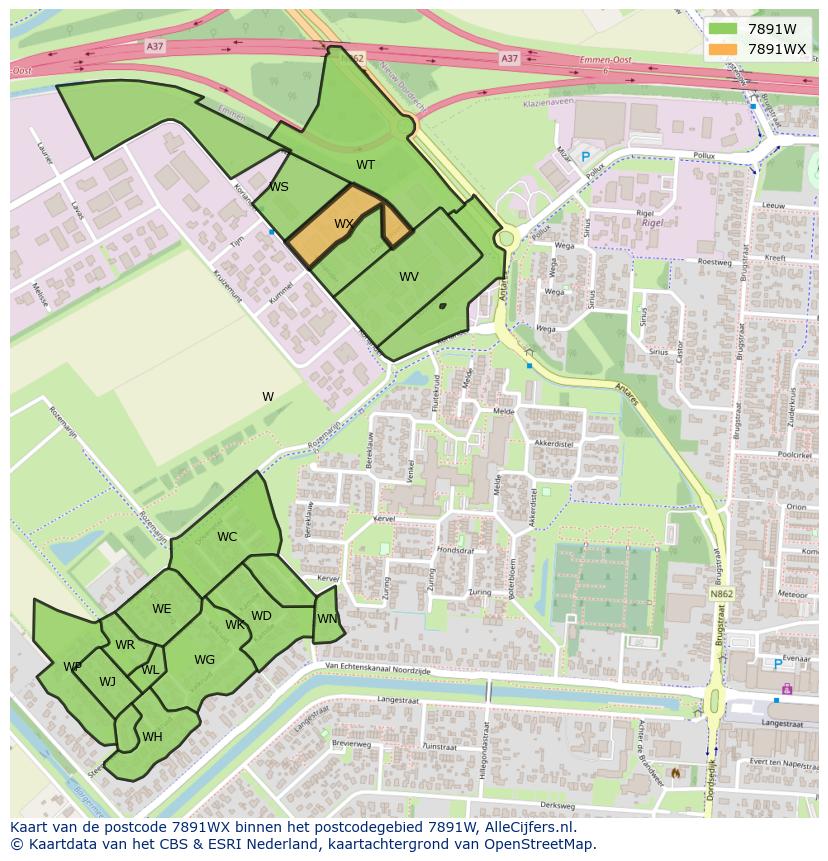 Afbeelding van het postcodegebied 7891 WX op de kaart.