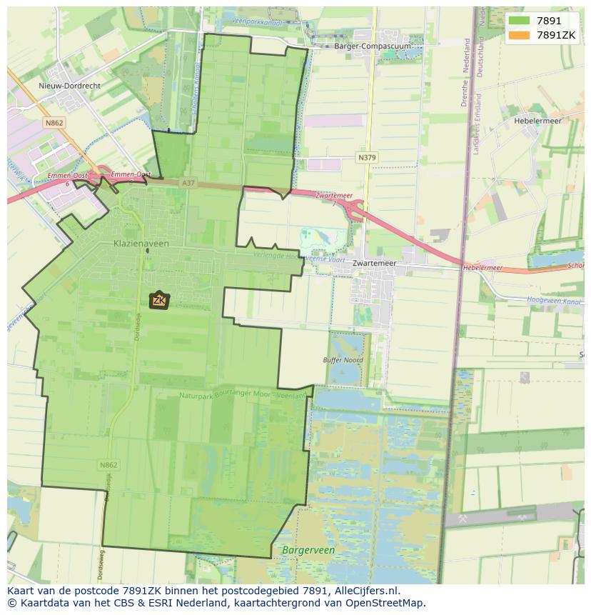 Afbeelding van het postcodegebied 7891 ZK op de kaart.
