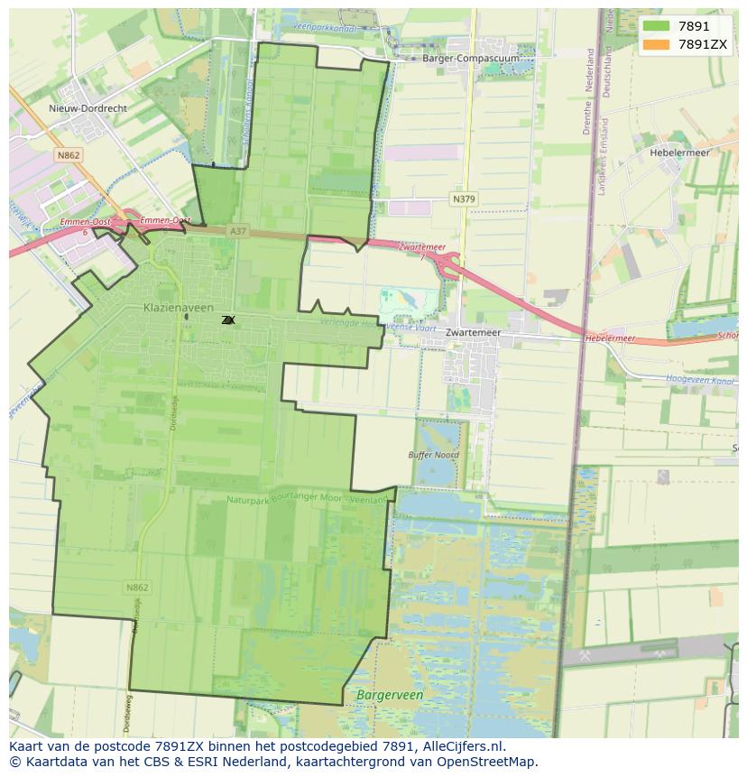 Afbeelding van het postcodegebied 7891 ZX op de kaart.