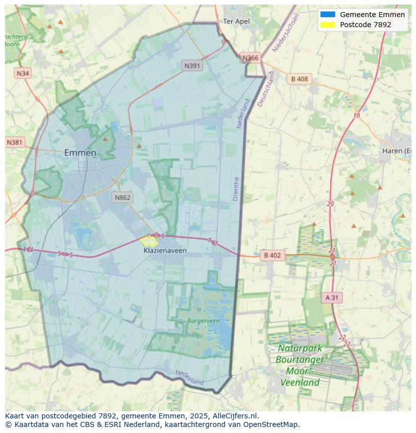 Afbeelding van het postcodegebied 7892 op de kaart.