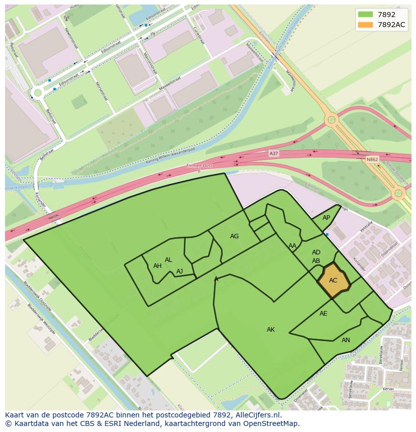 Afbeelding van het postcodegebied 7892 AC op de kaart.