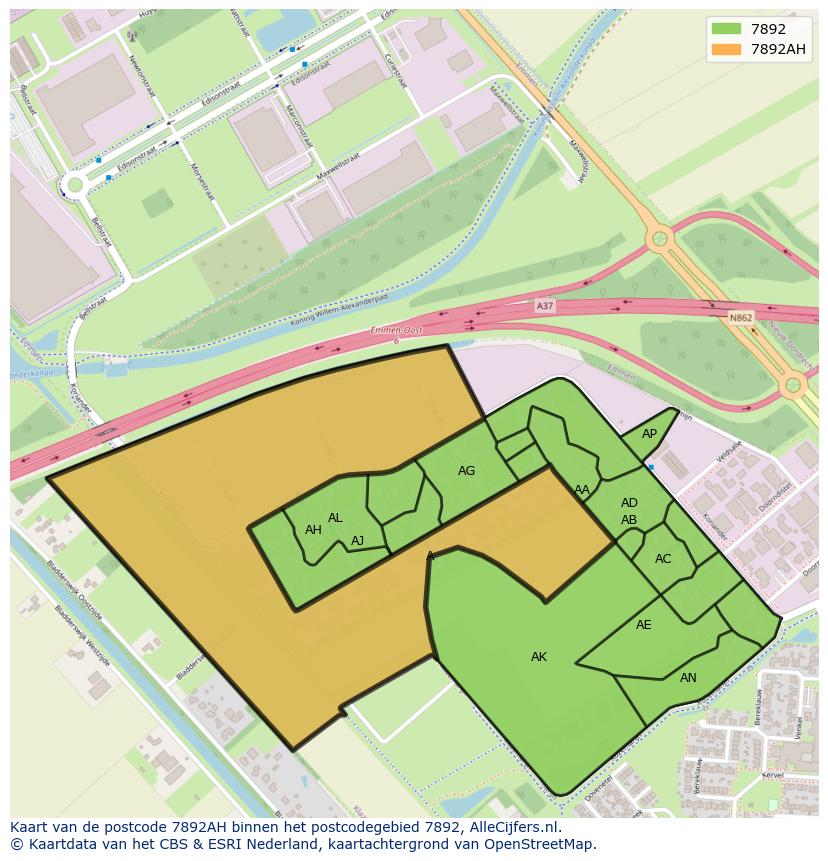 Afbeelding van het postcodegebied 7892 AH op de kaart.